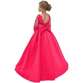 فساتين فتاة الزهور بأكمام طويلة مع القوس الدانتيل زين فساتين الأميرة الكرة للفتيات in Kuwait