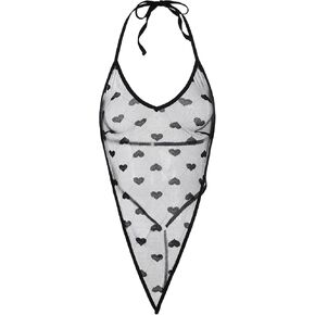 OYOANGLE Women's Heart Print Mesh Babydoll Bodysuit Tie Backless High Cut Halter Cami Lingerie in Saudi Arabia