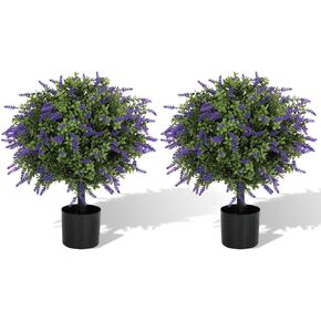 أشجار كروية لافندر صناعية مقاس 21.6 بوصة مع وعاء أسمنتي، مجموعة مقاومة للأشعة فوق البنفسجية مكونة من قطعتين من خشب البقس اللافندر الواقعي، ديكور لافندر توبياري أرجواني للحديقة والفناء والفناء، هدايا زينة عيد الميلاد in Kuwait