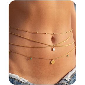 5A Cubic Zirconia Hypoallergenic 18K Gold Waist Chains Set: 3 Pcs Waterproof Surgical Steel Beaded Pearl Belly Body Chain Fashion Stomach Belt Hip Bikini Jewelry for Women in Saudi Arabia