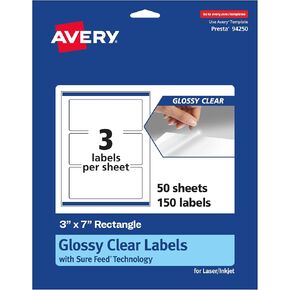 Avery Glossy Clear Rectangle Labels, Sure Feed Technology, 3" x 7", 30 Glossy Clear Labels, Print-to-The-Edge, Laser/Inkjet Printable in Kuwait