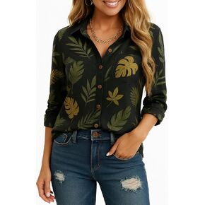 قمصان نسائية من NUOREEL بأزرار مطبوعة بالزهور وأكمام طويلة وياقة على شكل V بلوزة قطنية غير رسمية للعمل المكتبي استوائي in Kuwait