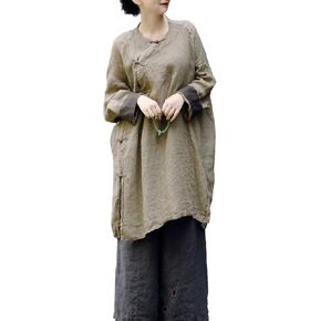 Women's Linen Shirts Long Sleeve Tops Vintage Hand Sewn Chinese Frog Button Loose Blouse in Kuwait