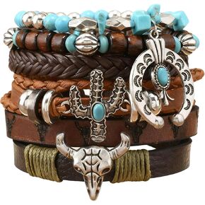 Western Bracelet for Women,Bohemian Cowgirl Turquoise Beaded Stretch Bracelets,Vintage Stackable Bull Head Cowboy Boots Feather Bracelets Set,Country Ethnic Western Jewelry Accessories for Women Men in Kuwait