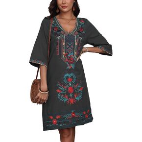 Grosy Women’s Embroidered Mexican Fiesta Dress Plus Size Traditional Floral Boho Dresses for Women Peasant Hippie Outfit in Kuwait