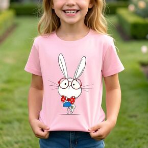 Girls Graphic Tee Cotton Crew Neck Shirt Cartoon Rabbit Top Casual Short Sleeve Outfit Ideas School Party in Kuwait