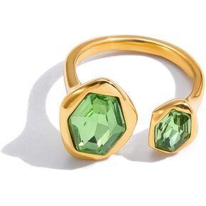 18k Gold Plated Green Crystal Geometry Ring for Women Stainless Steel Chunky Sparkly Cubic Zirconia Hexagon Stackable Statement Adjustable Open Finger Band Rings Comfort Fit Holiday Party Jewelry in Kuwait