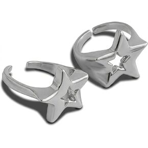 2 حزمة من خواتم النجوم Y2K الفضية للنساء والرجال، حلقات إصبع مفتوحة على شكل نجمة مجوفة مكتنزة، مجوهرات رائعة للمفاصل لهدايا حفلات الهيب هوب الجمالية in Kuwait