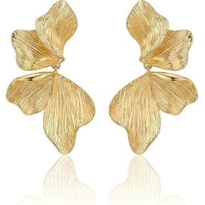 Gold Flower Drop Earrings for Women, Large Statement Dangle Earrings for Wedding Party, Hypoallergenic 18K Gold Plated Textured Petal Wing Jewelry, Birthday Gifts for Her in Kuwait