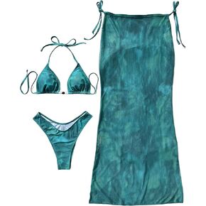 SherryDC Women's 3 Pieces Swimsuit Sexy High Cut Triangle Halter Tie Side Bikini Set Bathing Suit with Mesh Cover up Skirts in Kuwait