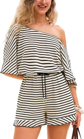 CUPSHE Women’s One Shoulder Striped Romper Drawstring Waist Ruffle Hem Summer Romper in Saudi Arabia