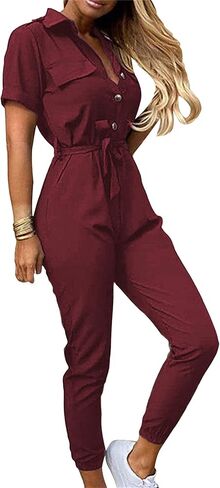 جمبسوت نسائي كاجوال بياقة وأكمام قصيرة من GORIFE، سروال طويل مريح بأزرار in Kuwait