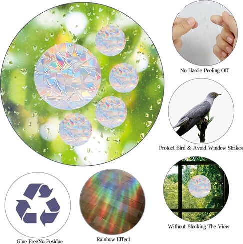 48 قطعة من ملصقات النوافذ الدائرية تمنع الطيور من الاصطدام بالنوافذ، ملصقات نافذة مضادة للتصادمات للطيور، ملصقات لالتقاط أشعة الشمس بألوان قوس قزح لا تحتاج إلى صمغ، فينيل غير لاصق قابل لإعادة الاستخدام in Kuwait