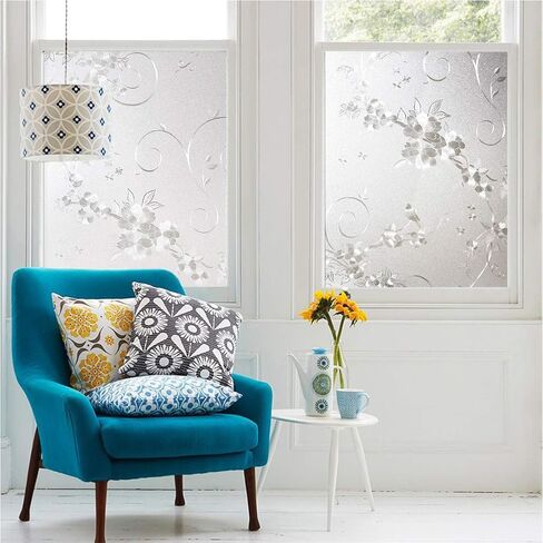Frosted Privacy Window Film, No-Glue Stained Glass Window Decor/Privacy Protection/Heat Control/Anti UV, Iron Flower Stained Glass Static Cling for Home/Office, 35.5x78.5 inch in Kuwait