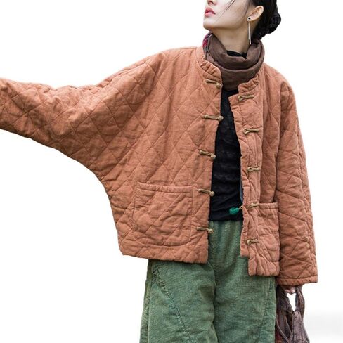 Women's Kimono Jacket Cotton Linen Quilted Coat Chinese Toggle Closure Winter Short Top in Kuwait