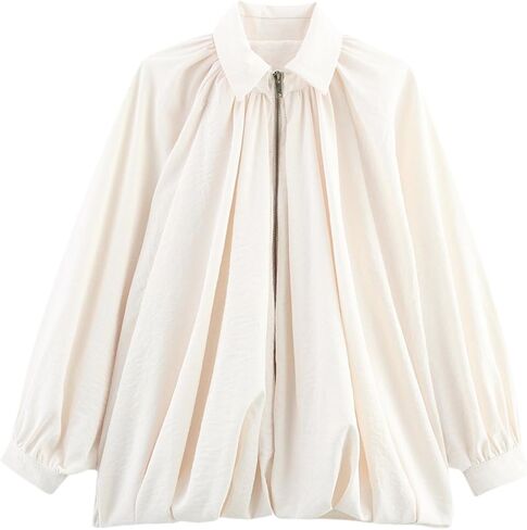 Womens Puffed Bomber Oversized Jacket Batwing Sleeve Streetwear Lapel Collar Zip Front Pleated Blouse Shirt in Saudi Arabia