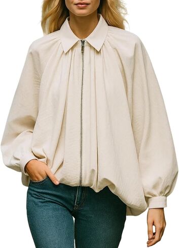 Womens Puffed Bomber Oversized Jacket Batwing Sleeve Streetwear Lapel Collar Zip Front Pleated Blouse Shirt in Saudi Arabia