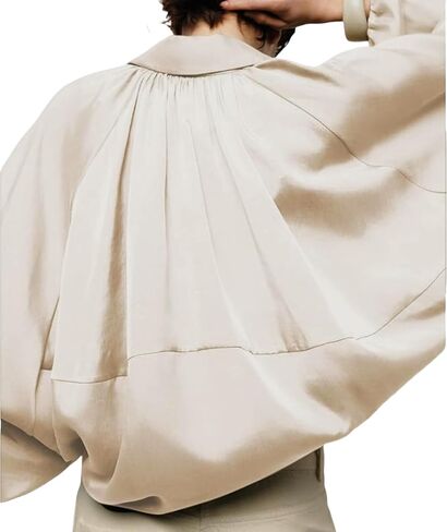 Womens Puffed Bomber Oversized Jacket Batwing Sleeve Streetwear Lapel Collar Zip Front Pleated Blouse Shirt in Saudi Arabia