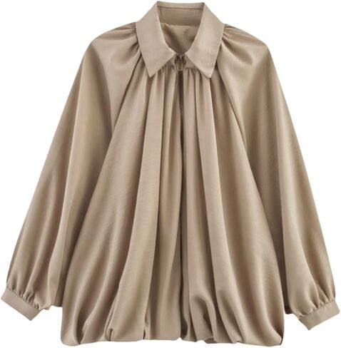 Womens Puffed Bomber Oversized Jacket Batwing Sleeve Streetwear Lapel Collar Zip Front Pleated Blouse Shirt in Saudi Arabia