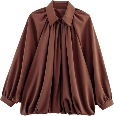 Womens Puffed Bomber Oversized Jacket Batwing Sleeve Streetwear Lapel Collar Zip Front Pleated Blouse Shirt in Saudi Arabia