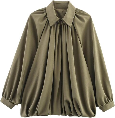 Womens Puffed Bomber Oversized Jacket Batwing Sleeve Streetwear Lapel Collar Zip Front Pleated Blouse Shirt in Saudi Arabia
