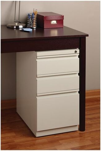 Scranton & Co 3-Drawer Metal Mobile Pedestal Filing Cabinet, 27.75" H x 15" W x 19.88" D, Beige Finish, Lockable, Hidden Casters, Letter-Size Hanging File Storage, Modern Office Furniture in Kuwait