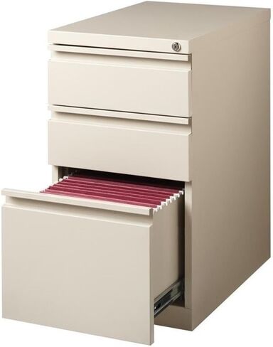 Scranton & Co 3-Drawer Metal Mobile Pedestal Filing Cabinet, 27.75" H x 15" W x 19.88" D, Beige Finish, Lockable, Hidden Casters, Letter-Size Hanging File Storage, Modern Office Furniture in Kuwait