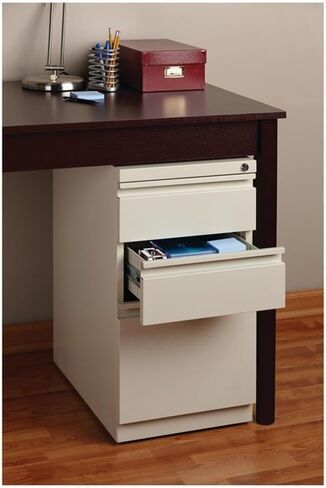 Scranton & Co 3-Drawer Metal Mobile Pedestal Filing Cabinet, 27.75" H x 15" W x 19.88" D, Beige Finish, Lockable, Hidden Casters, Letter-Size Hanging File Storage, Modern Office Furniture in Kuwait