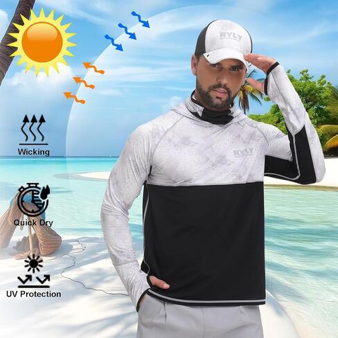 Men's Fishing Hoodies with Mask Cap Sun Protection Hoodie Rash Guard Shirts Long Sleeve UPF 50+ Hiking Shirt in Kuwait