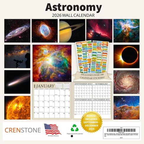 Astronomy Calendar 2026 - Universe Outer Space Wall Calendar Bundle, 100+ Reminder Stickers | Galaxy Office Supplies | Made In USA in Kuwait