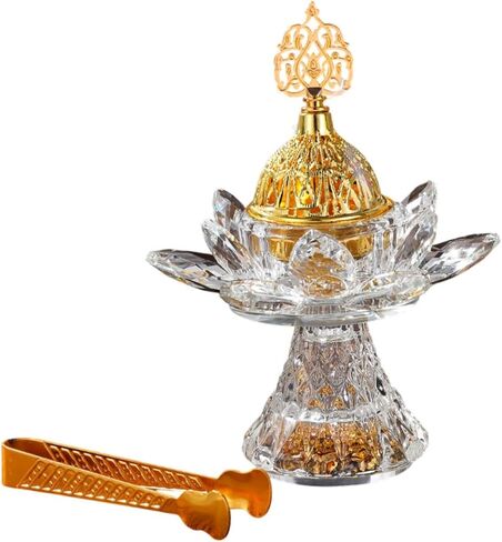 Glass Incense Burner 5-Pieces Set Ramadan Decoration with Tray Storage Jar and Tongs Censer Arabian Incense Holder,Attractive Gold Incense Burner Set for Yoga SPA Desk Decor in Saudi Arabia