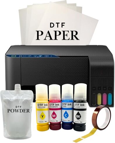 طابعة A4 DTF للملابس، آلة طباعة نقل القمصان، مباشرة إلى طابعة الأفلام. مجموعة DTF مكونة من 4 أحبار، C/M/Y/B، ورق طباعة DTF، مسحوق DTF. تحويل الطابعات DTF in Saudi Arabia