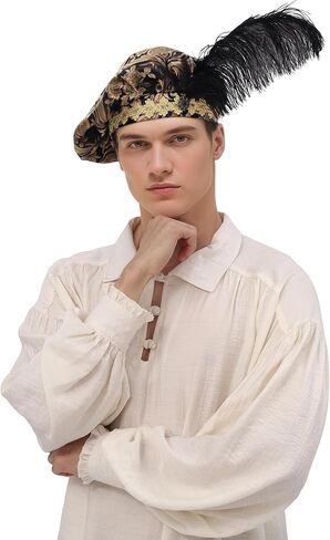 PROCOS Renaissance Tudor Flat Beret Hats with Feather Mens French Beret Hats Painter Cap Classic Medieval Costume in Saudi Arabia