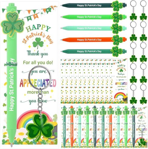 25 Sets St Patrick's Day Gifts Bulk St. Patrick's Day Pens Shamrock Ballpoint Pens with Shamrock Keychains Thank You Cards Irish Decorations Appreciation Gifts for Employee Coworkers Team Staff in Saudi Arabia