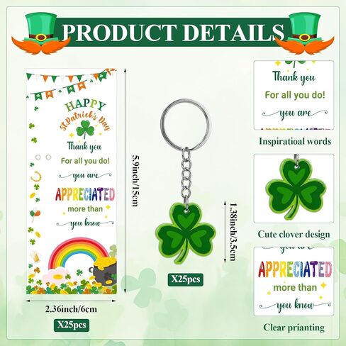 25 Sets St Patrick's Day Gifts Bulk St. Patrick's Day Pens Shamrock Ballpoint Pens with Shamrock Keychains Thank You Cards Irish Decorations Appreciation Gifts for Employee Coworkers Team Staff in Saudi Arabia