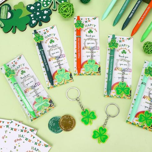 25 Sets St Patrick's Day Gifts Bulk St. Patrick's Day Pens Shamrock Ballpoint Pens with Shamrock Keychains Thank You Cards Irish Decorations Appreciation Gifts for Employee Coworkers Team Staff in Saudi Arabia