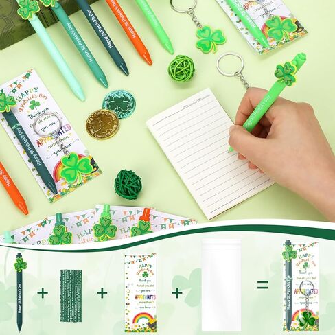 25 Sets St Patrick's Day Gifts Bulk St. Patrick's Day Pens Shamrock Ballpoint Pens with Shamrock Keychains Thank You Cards Irish Decorations Appreciation Gifts for Employee Coworkers Team Staff in Saudi Arabia
