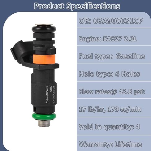 2.0L EA827 Fuel Injectors,Compatible with/VW 2011-2015 Jetta 2.0 S Base Naturally Aspirated |4 Holes| |4 PC Set| Replaces: 06A906031CP in Kuwait