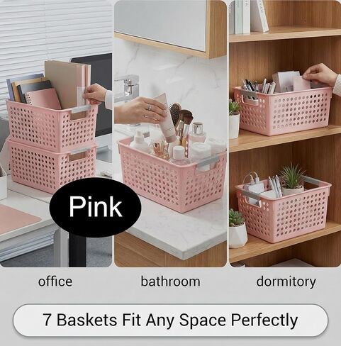 ZOENHOU 7 Pack 10.7 x 7.5 x 5.6 Inch Pink Plastic Storage Baskets, Stackable and Strong Decorative Woven Plastic Containers with Handles, Weaving Organizing Basket for Kitchen, Kids Room, Office in Kuwait