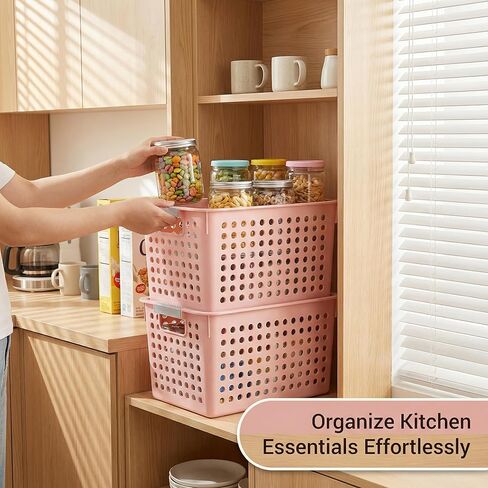 ZOENHOU 7 Pack 10.7 x 7.5 x 5.6 Inch Pink Plastic Storage Baskets, Stackable and Strong Decorative Woven Plastic Containers with Handles, Weaving Organizing Basket for Kitchen, Kids Room, Office in Kuwait