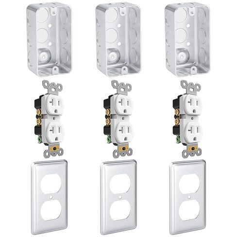 OHLECTRIC 2x4 Utility Electrical Outlet Box Kit (3-Pack) Metal Electrical Junction Box 1-7/8 Deep 20 Amp Tamper Resistant Duplex Receptacle, 2x4 Duplex Cover Plate, Grounding Screw, Ten 1/2" Knockouts in Kuwait