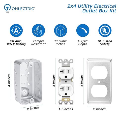 OHLECTRIC 2x4 Utility Electrical Outlet Box Kit (3-Pack) Metal Electrical Junction Box 1-7/8 Deep 20 Amp Tamper Resistant Duplex Receptacle, 2x4 Duplex Cover Plate, Grounding Screw, Ten 1/2" Knockouts in Kuwait
