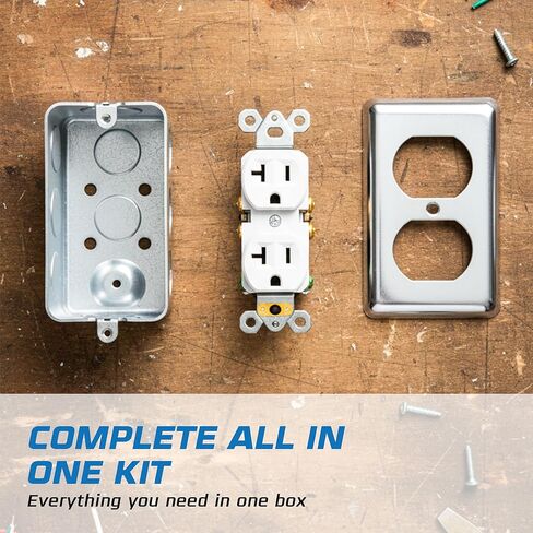 OHLECTRIC 2x4 Utility Electrical Outlet Box Kit (3-Pack) Metal Electrical Junction Box 1-7/8 Deep 20 Amp Tamper Resistant Duplex Receptacle, 2x4 Duplex Cover Plate, Grounding Screw, Ten 1/2" Knockouts in Kuwait