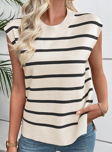 EVALESS Short Sleeve Sweaters for Women Trendy Crewneck Striped Knit Tops 2026 Spring Summer Outfits Cap Sleeve Sweater Vest in Saudi Arabia