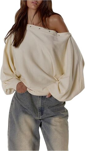 سترات نسائية كبيرة الحجم مكشوفة الكتفين Y2K مرصعة بأكمام طويلة وقمصان محبوكة للخروج in Kuwait