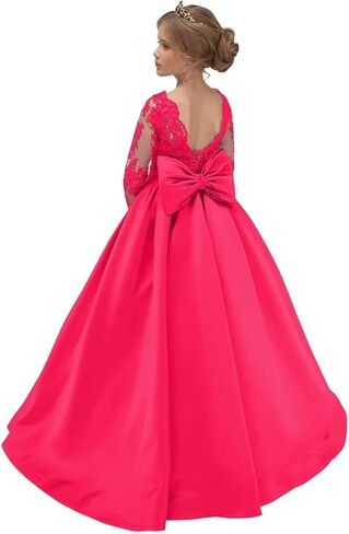 Long Sleeve Flower Girl Dresses with Bow Lace Applique Pageant Princess Ball Gowns for Girls in Kuwait