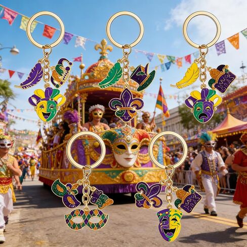 coadipress 6 Pcs Mardi Gras Keychain, Carnival Mask Crown Fleur-de-lis New Orleans Themed Purse Charm for Handbags Keyrings in Saudi Arabia