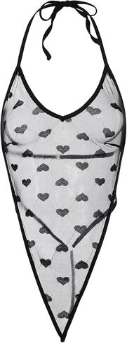 OYOANGLE Women's Heart Print Mesh Babydoll Bodysuit Tie Backless High Cut Halter Cami Lingerie in Saudi Arabia