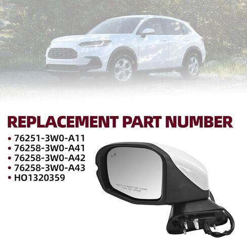76258-3W0-A43 8 دبابيس بيضاء مرآة باب السائق الجانبي الأيسر مناسبة لسيارة Honda HR-V EX-L/LX/SPORT 2023-2025 W/نقطة عمياء ضوء إشارة الانعطاف الساخن HO1320359 (مرآة باب جانب السائق) in Kuwait