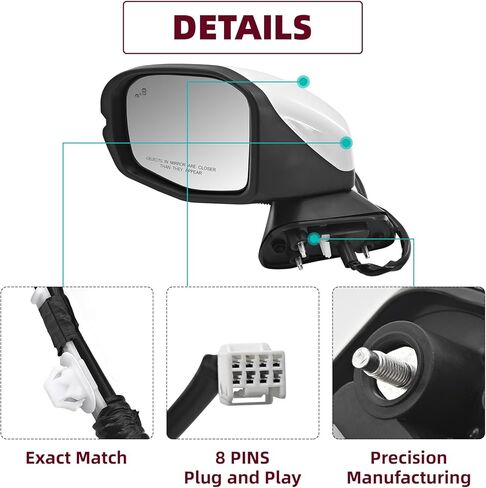 76258-3W0-A43 8 دبابيس بيضاء مرآة باب السائق الجانبي الأيسر مناسبة لسيارة Honda HR-V EX-L/LX/SPORT 2023-2025 W/نقطة عمياء ضوء إشارة الانعطاف الساخن HO1320359 (مرآة باب جانب السائق) in Kuwait